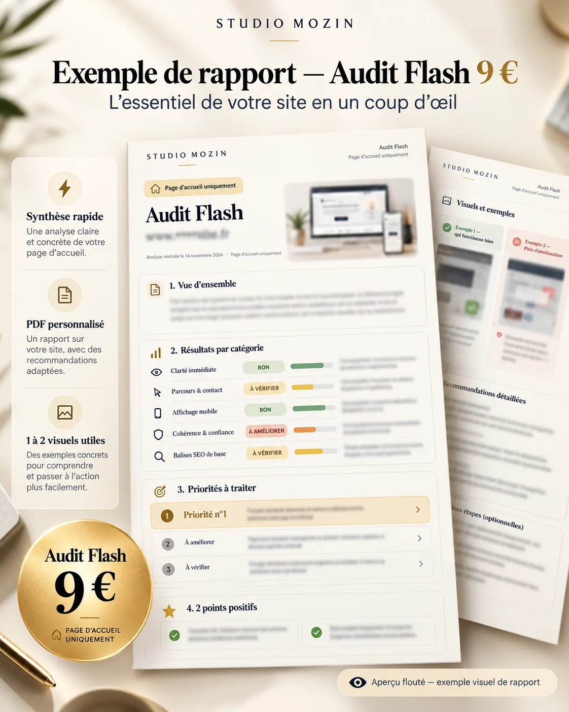 Exemple visuel du rapport Audit Flash 9 € Studio Mozin
