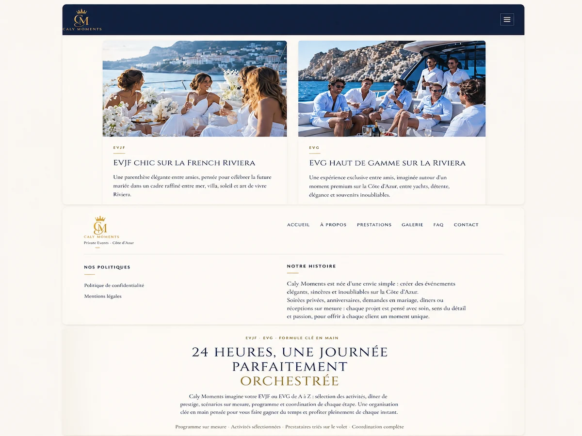 Vue d’ensemble de plusieurs pages du site Caly Moments
